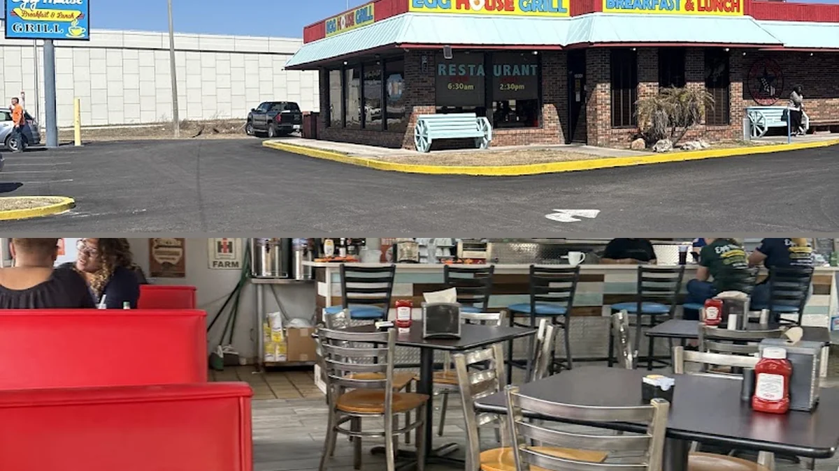 Casual diner tables with breakfast plates.